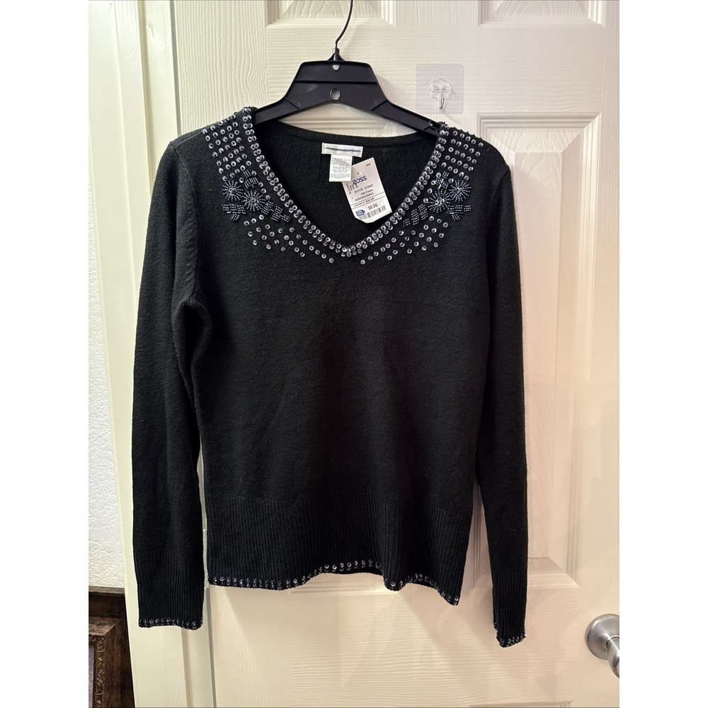 Worthington Womens Sequin Beaded Sweater Black Small Acrylic Pullover V-Neck